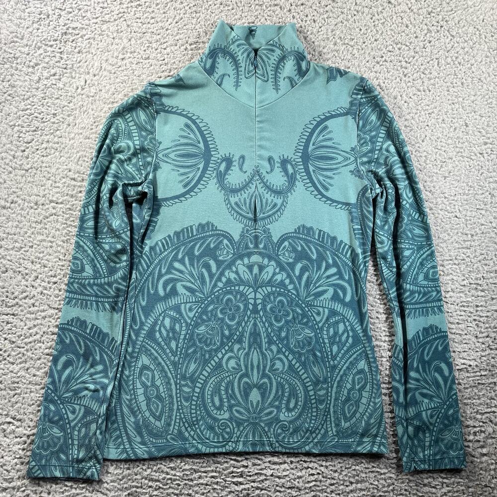 prAna Women Medium Teal Green Paisley 1/4 Zip Long Sleeve Athletic Pullover Top